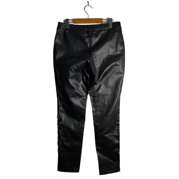 Venus Women's Black Faux Leather Sequin Wing Stretch Tapered Leg Pants - Picture 7 of 11